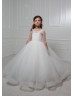 Dotted Tulle Lace Keyhole Back Ivory Flower Girl Dress Dotted Tulle Lace Keyhole Back Ivory Flower Girl Dress